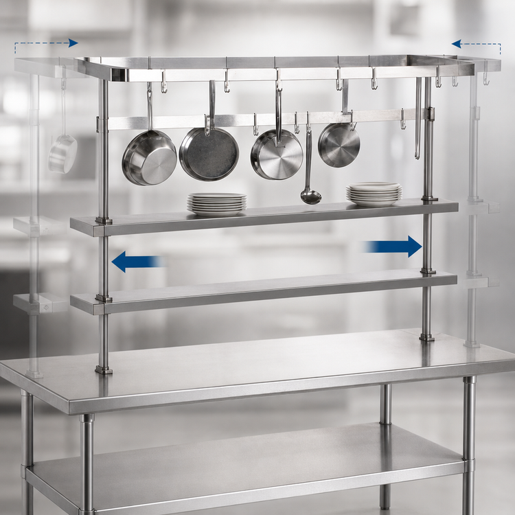 Product image #3 for Advance Tabco Adjustable Table-Mounted Stainless Steel Utensil Rack, 60 Inches Long, with 9 Plated Pot Hooks