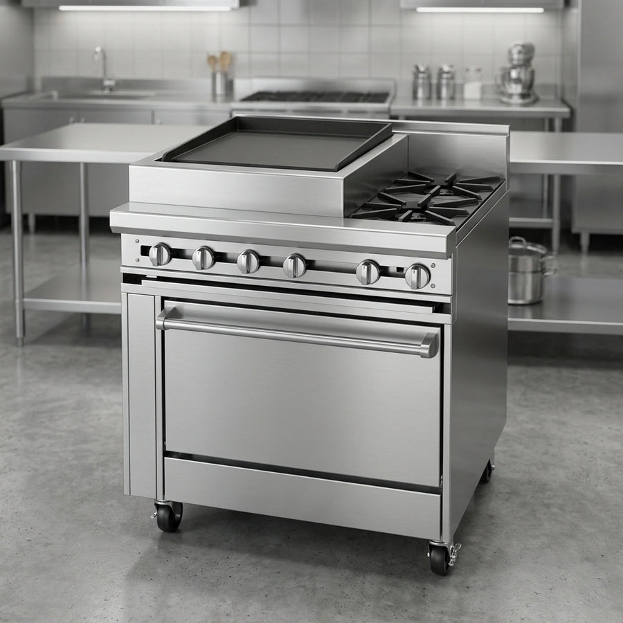 Built for enduring performance, this heavy-duty gas range features an all-stainless steel exterior, front, sides, stub back, and tray bed, ensuring exceptional durability in any commercial kitchen.