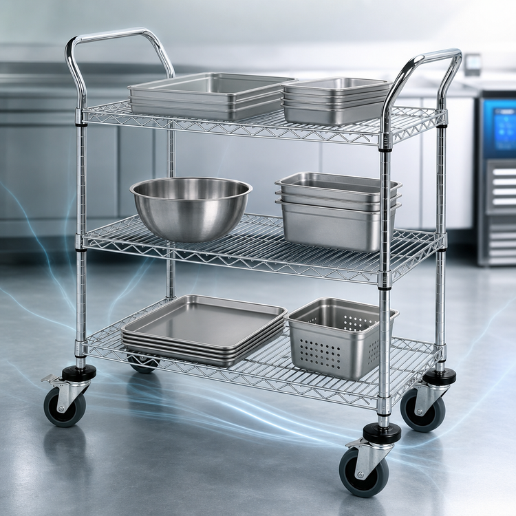 Product image #3 for Quantum Conductive 3-Shelf Wire Utility Bus Cart with U-Handles, Chrome Plated, 36 x 18 x 37-1/2 Inches