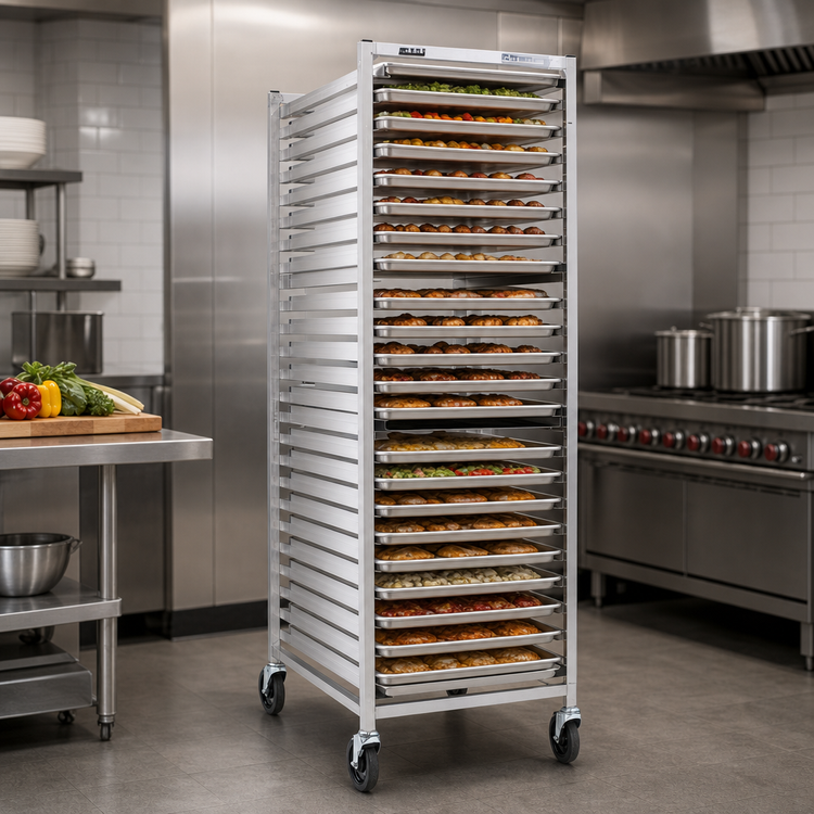 Product image #3 for Panco Mobile Side-Loading Full-Height Open-Side Aluminum Utility Rack for 30 18 x 26 Pans