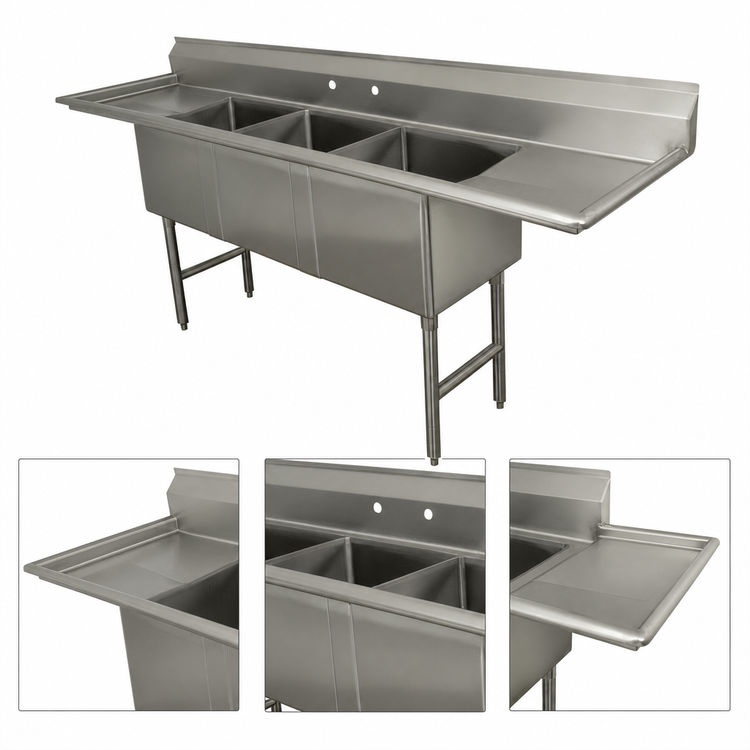 Product image #3 for Advance Tabco 3-Compartment Fabricated Stainless Steel Sink with Left and Right Drainboards, 100-Inch Long