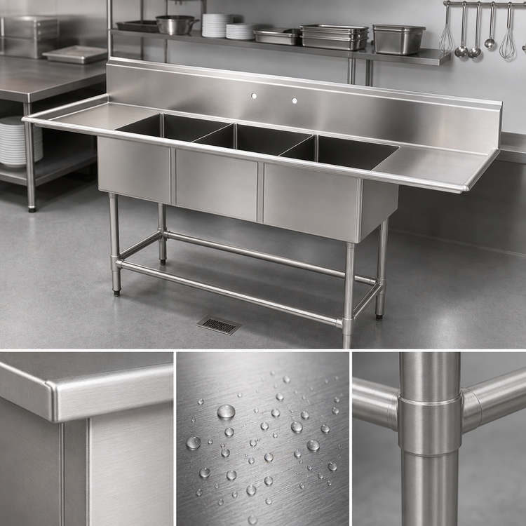 Product image #3 for BlendPort® BPFC Series 3-Compartment Commercial Sink with 24" x 24" Bowls, 304 Stainless Steel