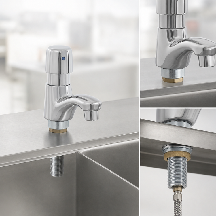 Product image #3 for BK Resources Single Supply Deck-Mount Lead-Free Chrome-Plated Brass Metering Faucet, 3-5 Inch Spout