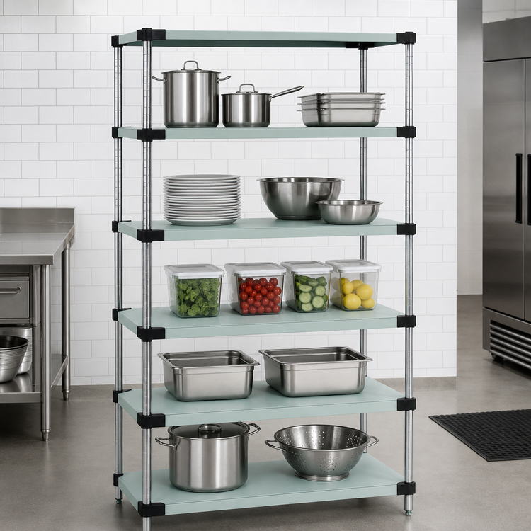 Product image #3 for Quantum 60"W x 14"D x 86"H 304 Stainless Steel Solid Shelving Starter Kit with 5 Shelves