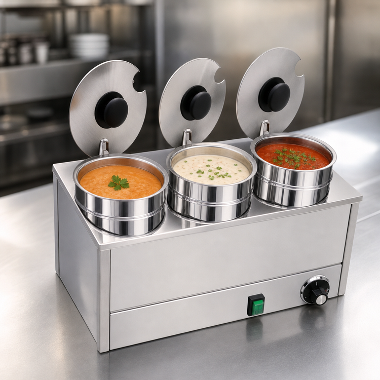 Product image #3 for Omcan Triple Wet Countertop Food Warmer with 3 x 4 Qt Capacity, Thermostatic Controls, 120V