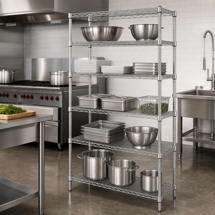 Product image #3 for Quantum Stationary Wire Shelving Starter Kit, 60-Inch W x 14-Inch D x 74-Inch H, 5 Shelves, 304 Stainless Steel