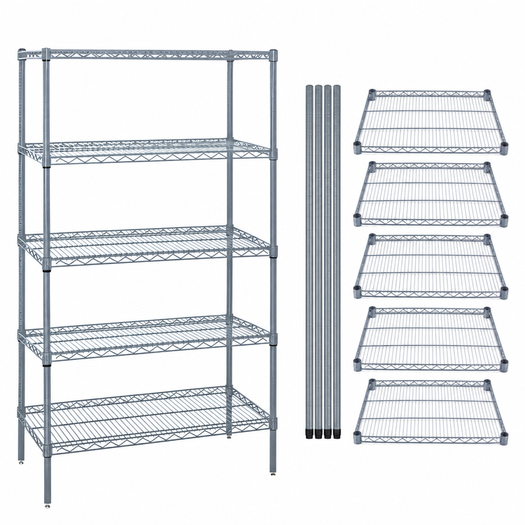 Product image #3 for Quantum Stationary Wire Shelving Starter Kit, 48 x 30 x 86 Inches, 5 Shelves, Gray Epoxy Antimicrobial Finish