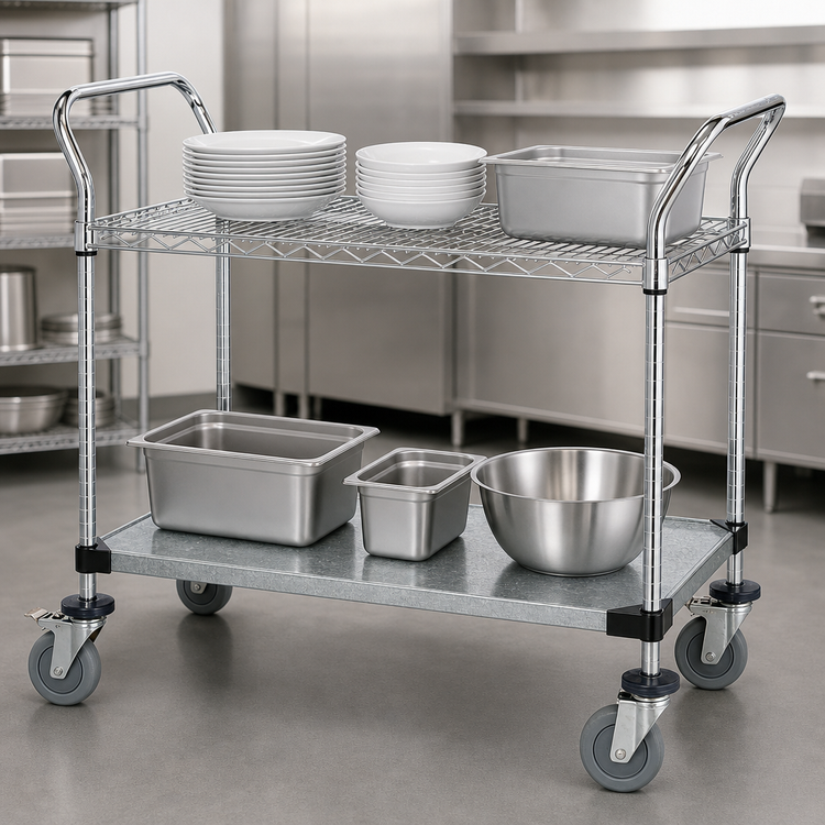 Product image #3 for Quantum 60" x 24" 2-Shelf Utility Bus Cart with Chrome Wire and Galvanized Solid Shelves