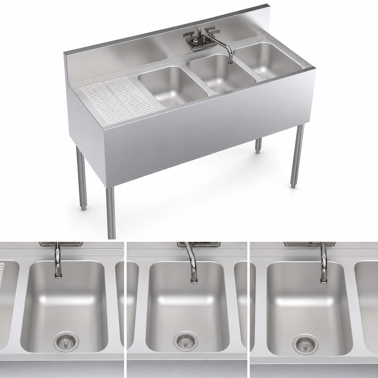Product image #3 for Krowne Royal Series Three-Compartment Underbar Sink Unit with Left Drainboard, 48 x 19 Inches