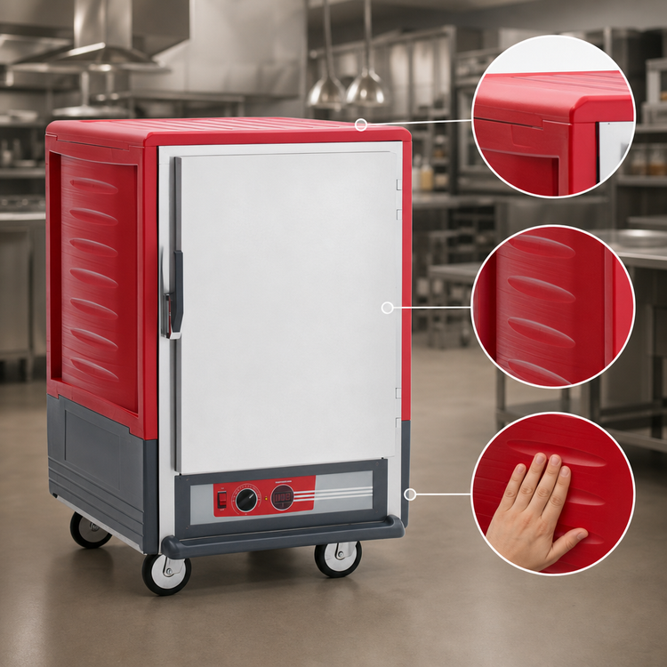 Product image #3 for Metro C5 3 Series Mobile Half-Height Heated Holding Cabinet with Full-Length Solid Door, Lip Load Slides, Red, 17-Pan Capacity