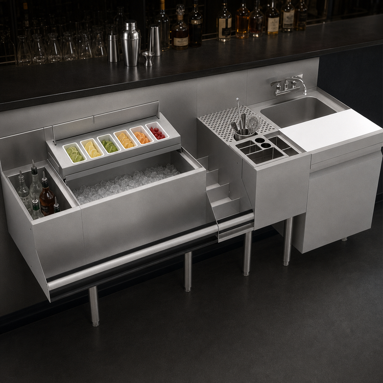 Product image #3 for Krowne Royal Series 70-Inch Stainless Steel Underbar Workstation with 24-Inch Ice Bin and 18-Inch Dump Sink