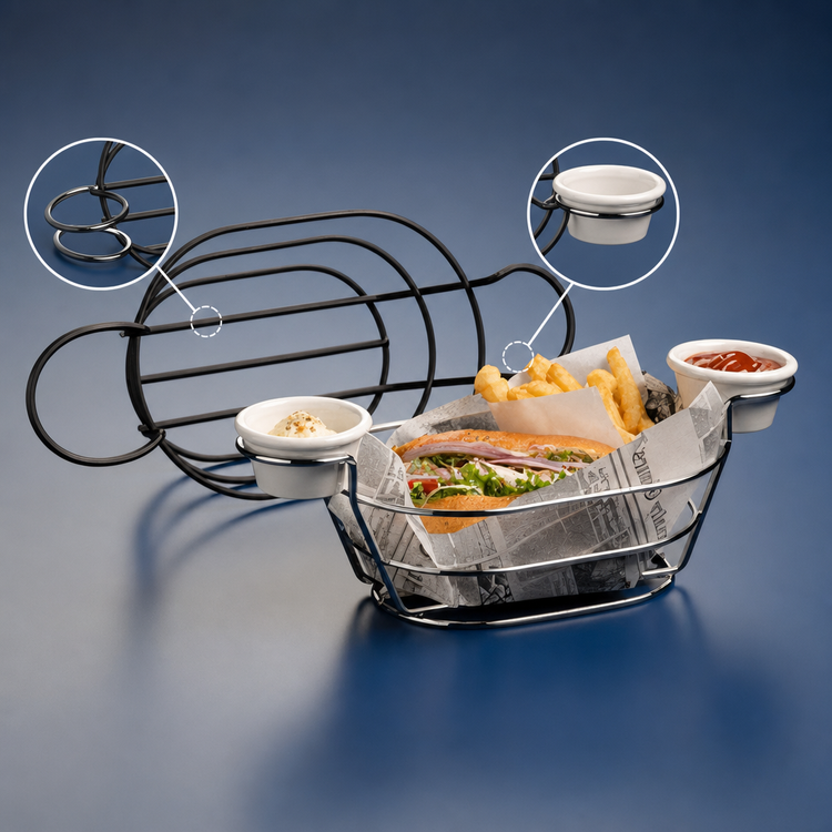 Product image #3 for American Metalcraft Oval Chrome Wire Serving Basket with Built-In Ramekin Holders
