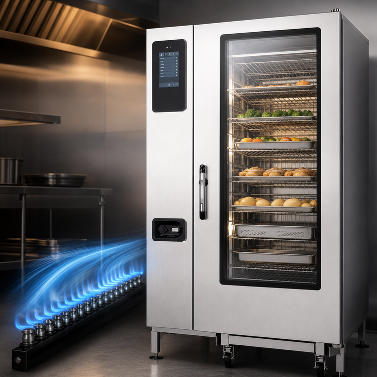 Product image #3 for Alto-Shaam Prodigi Classic 20-20G Gas Boiler-Free Floor Model Combi Oven/Steamer with Roll-In Cart