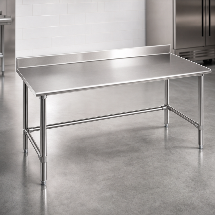 Product image #3 for Eagle Group Budget Series 120-Inch x 36-Inch 430 Stainless Steel Work Table with 4-1/2-Inch Backsplash and Galvanized Tubular Base