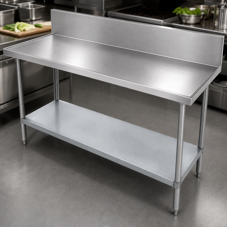 Product image #3 for Advance Tabco 120" x 36" 14-Gauge 304 Stainless Steel Work Table with 10" Backsplash and Galvanized Undershelf