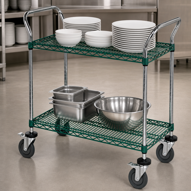Product image #3 for Quantum 48 x 18-Inch Green Epoxy 2-Shelf Wire Utility Bus Cart, 1,200 lb Capacity