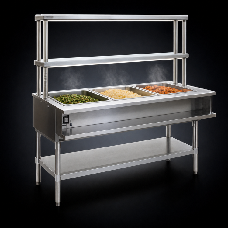 Product image #3 for Eagle Group 3-Well Natural Gas Water Bath Hot Food Table with Flex-Master Overshelves and Open Base