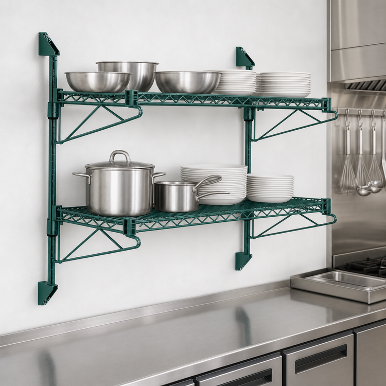 Product image #3 for Quantum Wall-Mount Cantilever Double Shelf Wire Shelving Unit, 60 x 14 Inches, Green Epoxy Antimicrobial Finish