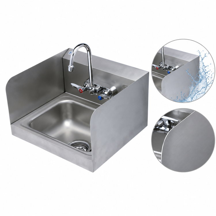 Product image #3 for T&S Brass Wall-Mounted Stainless Steel Hand Wash Sink with Side Splash Shields and 4" Mixing Faucet