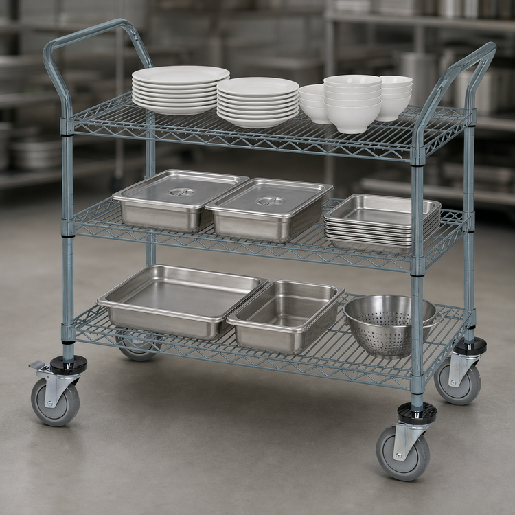 Product image #3 for Quantum 36 x 21-Inch 3-Shelf Wire Utility Bus Cart with U-Shaped Handles, Gray Epoxy Finish