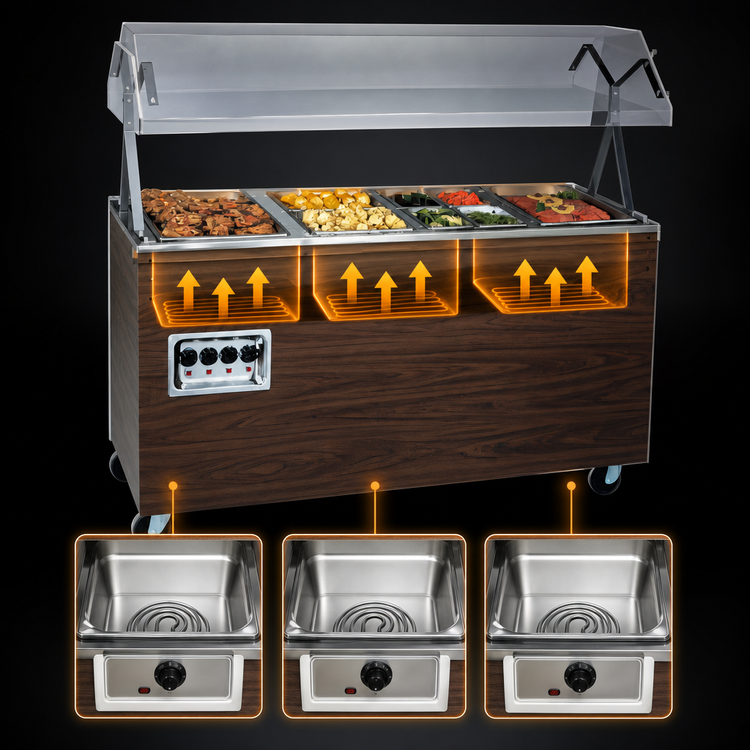 Product image #3 for Vollrath 2-Series Affordable Portable 3-Well Hot Food Station, Open Storage Base, Buffet Breath Guard with Lights, Cherry Woodgrain, 120/208-240V