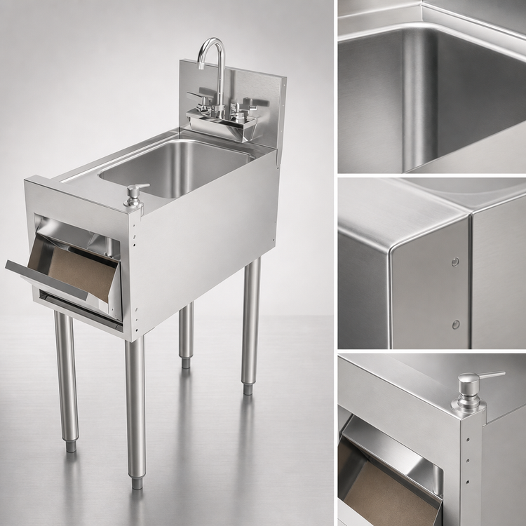 Product image #4 for Perlick 12 Inch x 24 Inch Freestanding Underbar Hand Sink Kit with Faucet, Soap Dispenser, Paper Towel Holder, Wet Waste Pan and Side Splashes