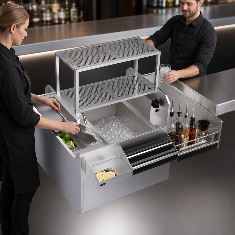 Product image #4 for Krowne Royal Series 42 Inch Wide Pass-Thru Underbar Ice Bin/Cocktail Station with Right-Side Ice Bin and 10-Circuit Cold Plate