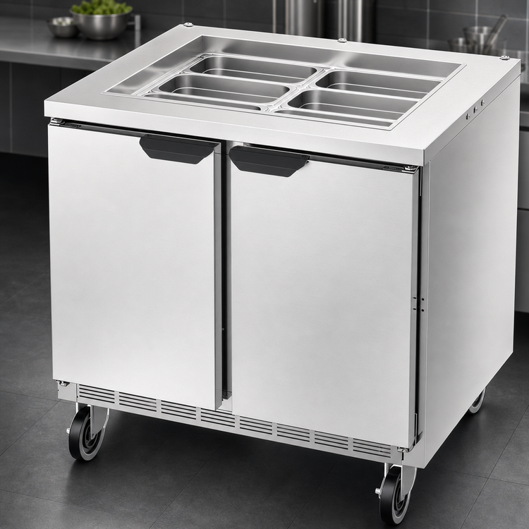 Product image #3 for Beverage-Air SPE36HC-S Two-Section 36-Inch Salad Top Refrigerated Prep Table with Solid Hinged Doors