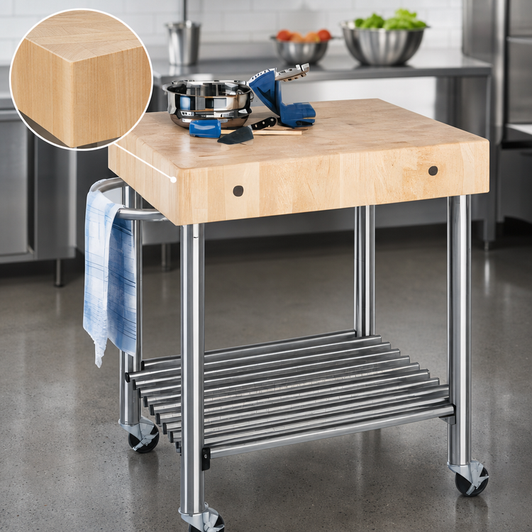 Product image #3 for John Boos Cucina D'Amico 30" x 24" Maple End-Grain Butcher Block Cart with Stainless Steel Base