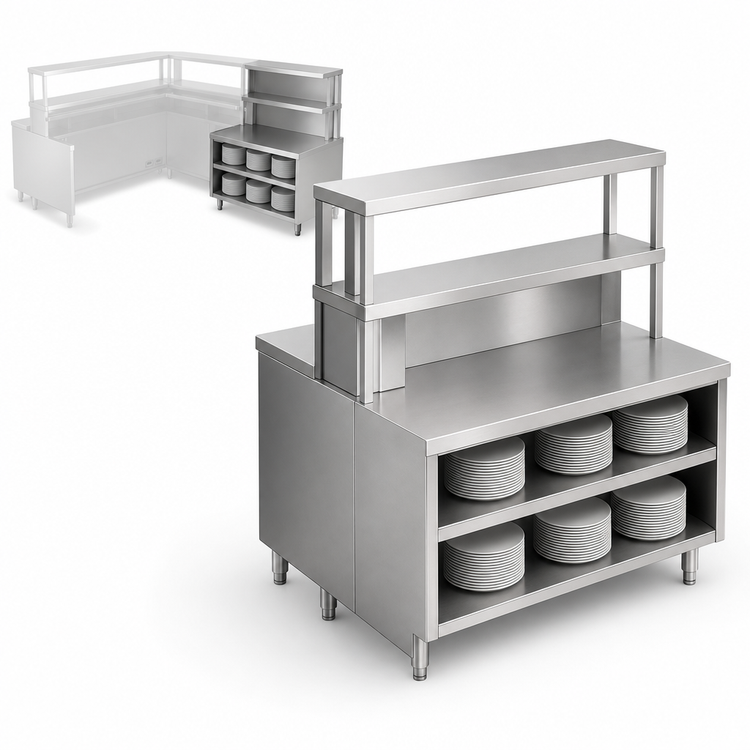 Product image #3 for Randell RCR-72.5 Right Chef-Side Modular Chef Service Counter Section with Plate Storage Cabinet and Double Overshelf, 72-1/2 Inch, Stainless Steel