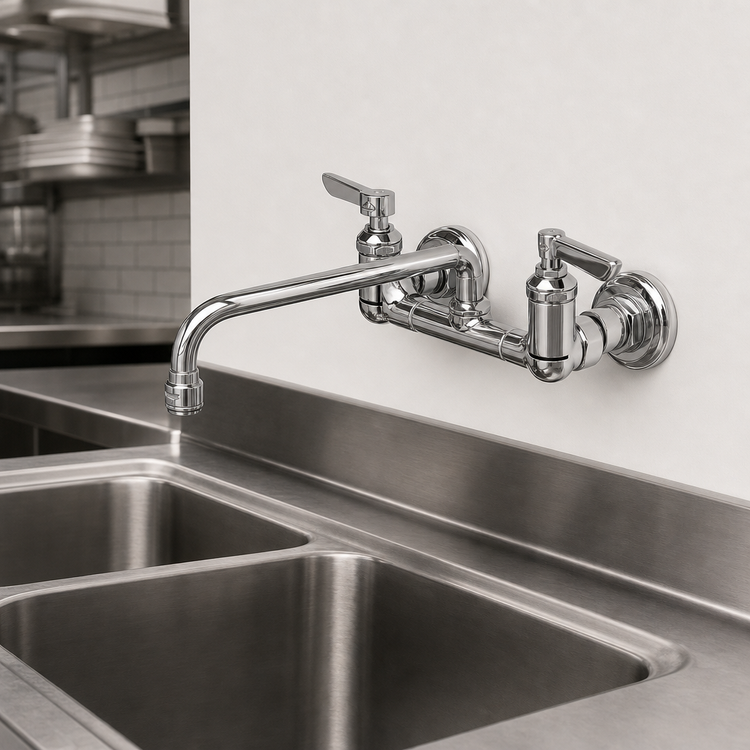 Product image #3 for T&S Brass Double Pantry Faucet with 8-Inch Wall Mount, 12-Inch Swivel Nozzle, and 1.0 GPM Aerator