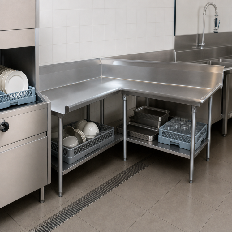Product image #3 for Advance Tabco Korner Clean Right-Hand L-Shaped Dish Table, 120 Inch Nominal, 16 Gauge 304 Stainless Steel