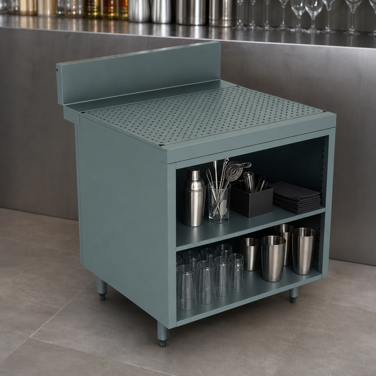 Product image #3 for Advance Tabco Prestige Supreme 30-Inch x 30-Inch Open Front Underbar Drainboard Cabinet with 7-Inch Backsplash
