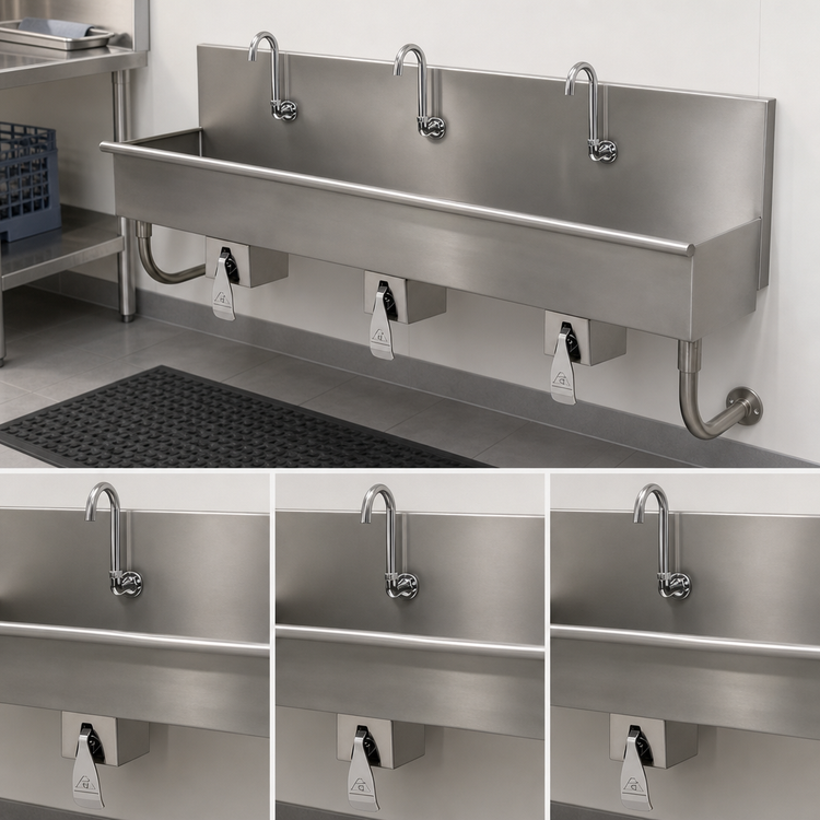 Product image #3 for Advance Tabco 60-Inch 3-Station Wall-Mounted Knee-Operated Hand Wash Sink with Gooseneck Spouts and Basket Drain