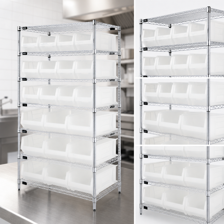 Product image #3 for Quantum 8-Shelf Chrome Plated Stationary Wire Shelving Bin System, 36"W x 24"D x 74"H