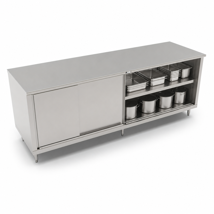 Product image #3 for John Boos 132" x 30" Flat Top Enclosed Stainless Steel Work Table with Sliding Door Cabinet Base