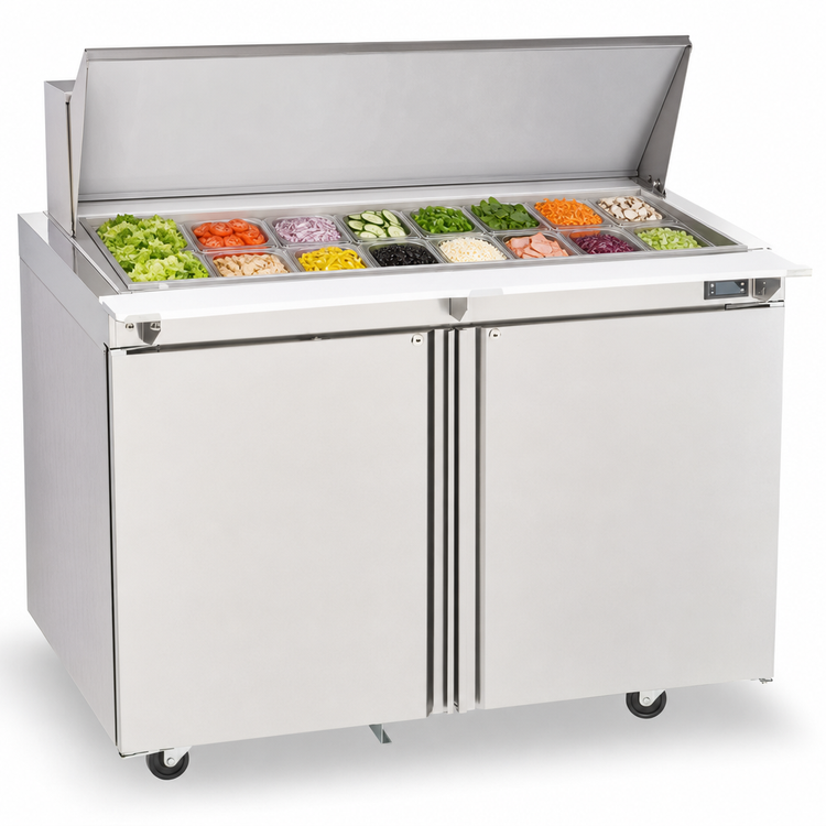 Product image #3 for Delfield Mega Top 48-Inch Two-Section Sandwich/Salad Prep Table Refrigerator, 2 Doors, 18-Pan, 16 Cu. Ft., Front-Breathing Self-Contained