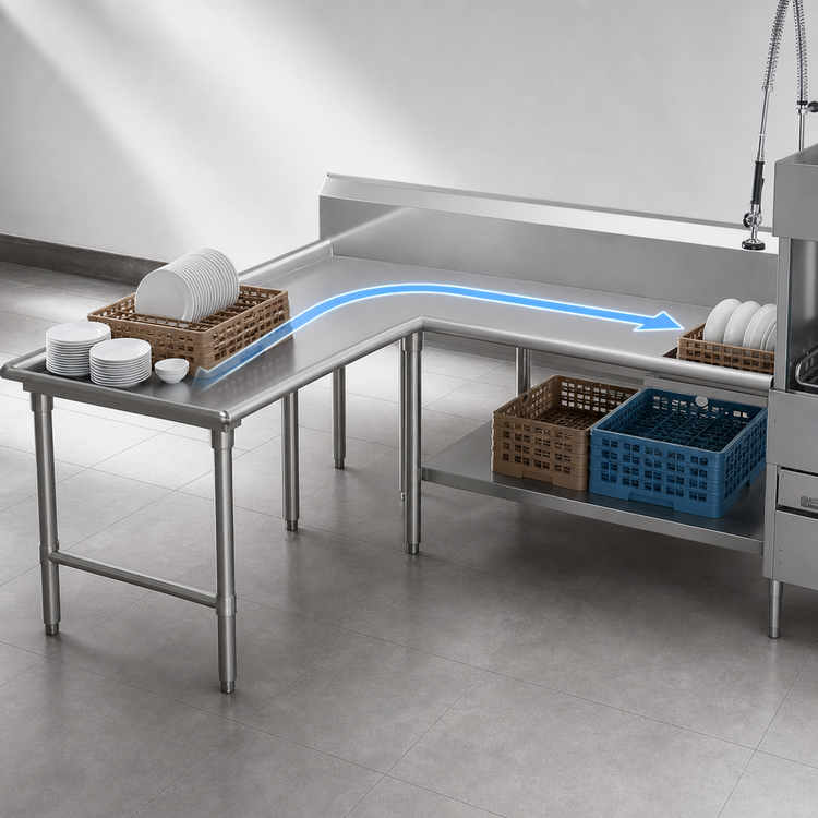 Product image #3 for John Boos Pro-Bowl L-Shaped Island Clean Dishtable, 60" Machine-to-Corner x 60" Corner-to-End, Right-to-Left Operation