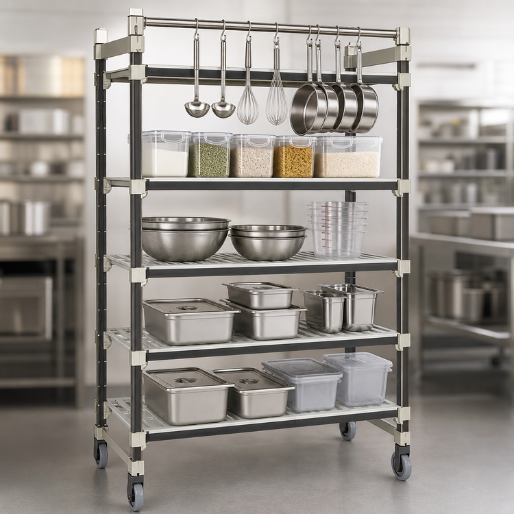 Product image #3 for Cambro Camshelving Elements XTRA High Density Top Rail Mobile Starter Unit, 24 x 36 x 80-Inch, 5-Tier Overhead Track Shelving
