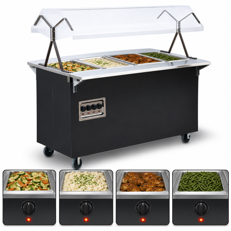 Product image #3 for Vollrath 2-Series Affordable Portable™ 4-Well Black Mobile Hot Food Station with Lighted Buffet Breath Guard, 120/208-240V