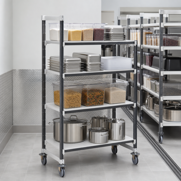 Product image #3 for Cambro Camshelving Elements XTRA High-Density Mobile Starter Unit, 24 Inch x 48 Inch x 70-1/4 Inch, 4 Solid Shelves, Speckled Gray