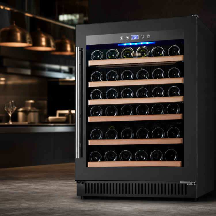 Product image #3 for Omcan Vinovero 23-Inch Single-Zone Self-Contained Wine Refrigerator, 51-Bottle Capacity, Black Framed Tinted Glass Door