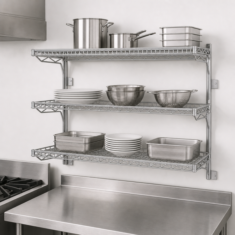 Product image #3 for Eagle Group QuadTruss Piggyback 3-Tier Wall-Mounted Open Wire Shelf Kit, 30 x 18 Inches, Chrome