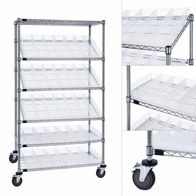 Product image #3 for Quantum Slanted Shelf Cart with 5 Shelves and 20 Clear Bins, 36 x 18 x 69 Inch, Chrome Plated