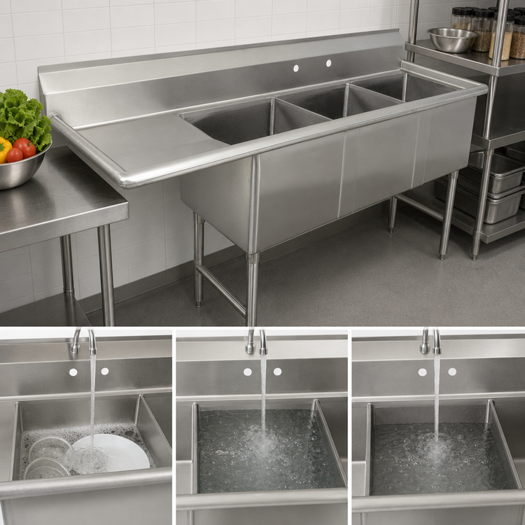 Product image #3 for Advance Tabco 3-Compartment Fabricated Sink with Left Drainboard, 18 x 24 x 14-Inch Bowls, 16-Gauge 304 Stainless Steel