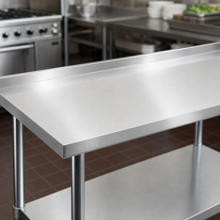 Product image #3 for John Boos Stallion 48" x 18" 18/430 Stainless Steel Budget Work Table with 1-1/2" Backsplash, Undershelf & Safety Edge