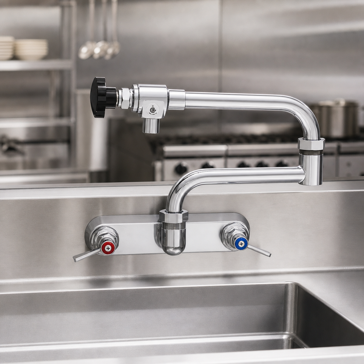Product image #3 for Fisher Backsplash Mount Pre-Rinse Faucet, 8-Inch Centers, 10-Inch Control Swing Spout, 10-Inch Double-Jointed Spout