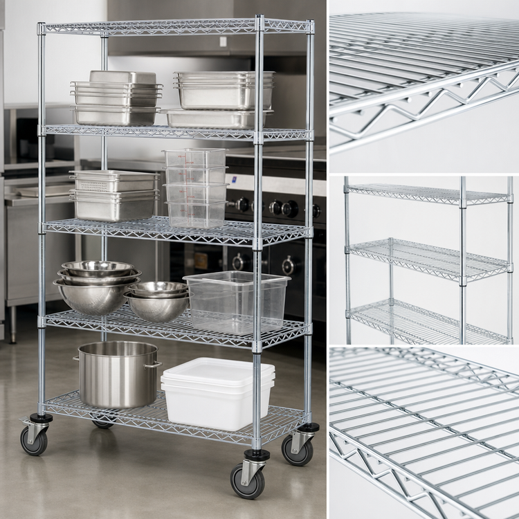 Product image #3 for Quantum 60 Inch W x 24 Inch D x 69 Inch H Mobile Chrome-Plated Wire Shelving Cart with 4 Shelves