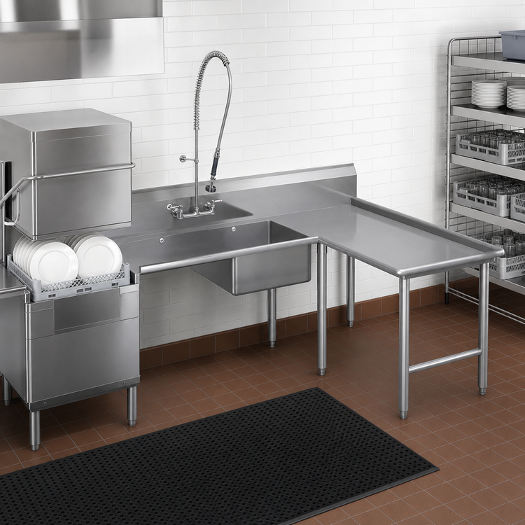 Product image #3 for John Boos Pro-Bowl L-Shaped Island Soiled Dishtable with Pre-Rinse Sink Bowl, Right-to-Left Operation, 60-In. Machine-to-Corner, 108-In. Corner-to-End