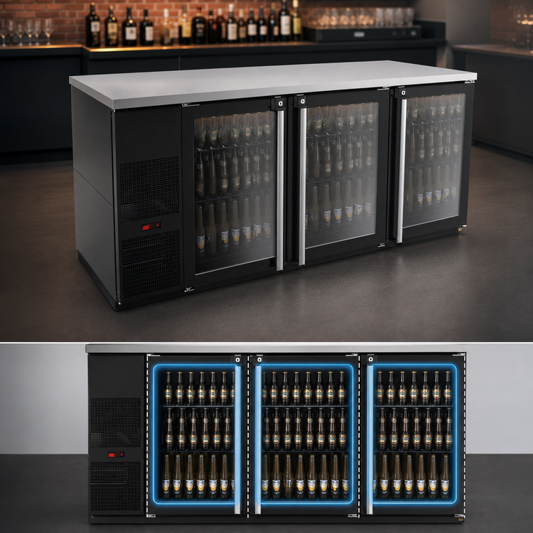 Product image #3 for Pro-Line E-Series Three-Section Refrigerated Back Bar Cabinet, 80 Inch, Self-Contained, 3 Glass Doors